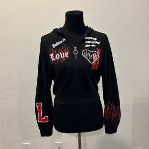 Y2K Black Graphic Half-Zip Hoodie Sweater with Red Flame Accents